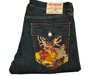 Baggy Jeans True Religion Embroidered Denim Wide Loose Y2k Made In Usa Vintage Skateboard Jnco Hip Hop Rapper Streetwear Southpole Waist 37