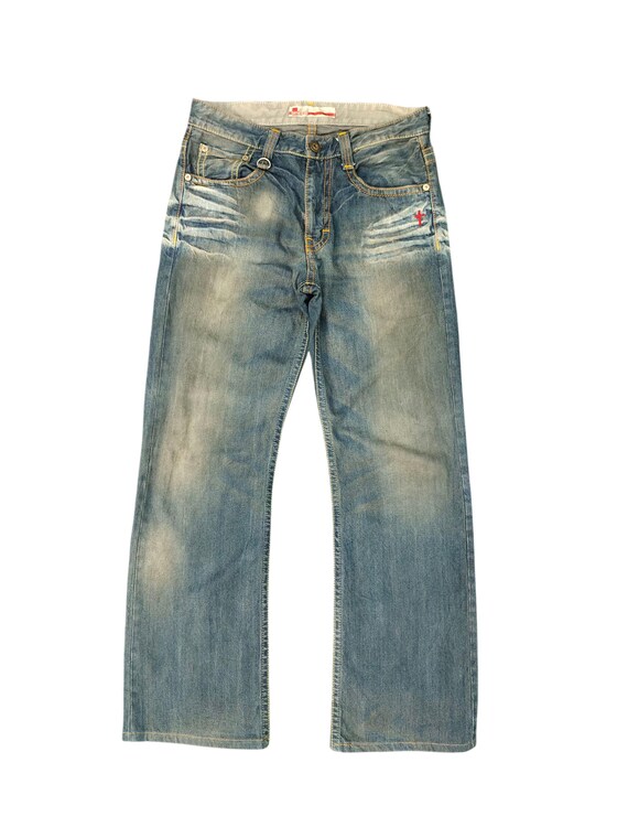 Vintage Faded Denim Jeans: Genoese Waxed Clawmark Distress, Waist