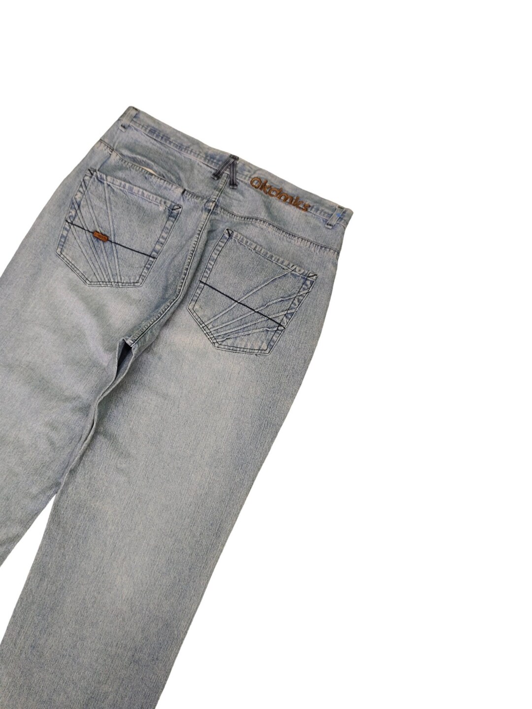 W38x32.5 Baggy Jeans Akademiks Leather Spell Out Back Denim
