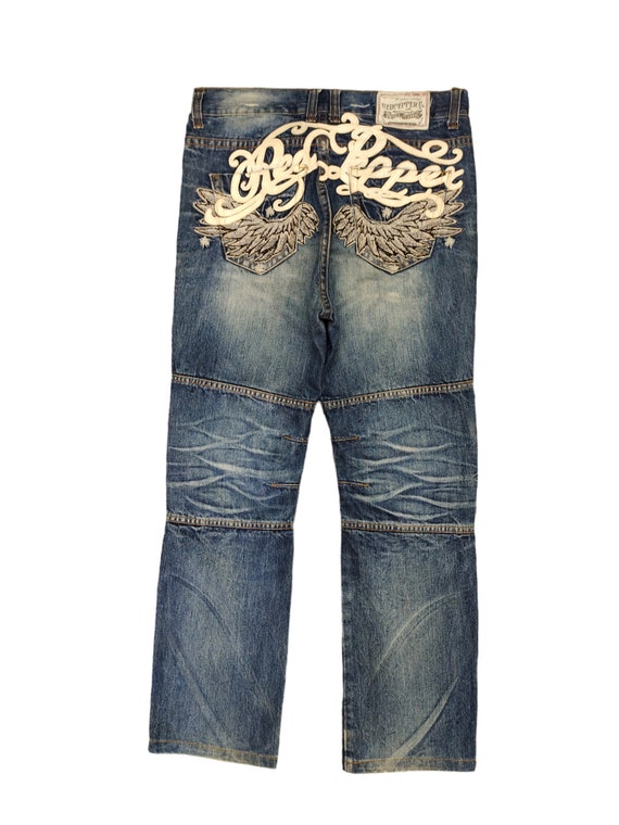 W34x29 Vintage Red Pepper Wings Embroidered Denim Jeans Ed Hardy 
