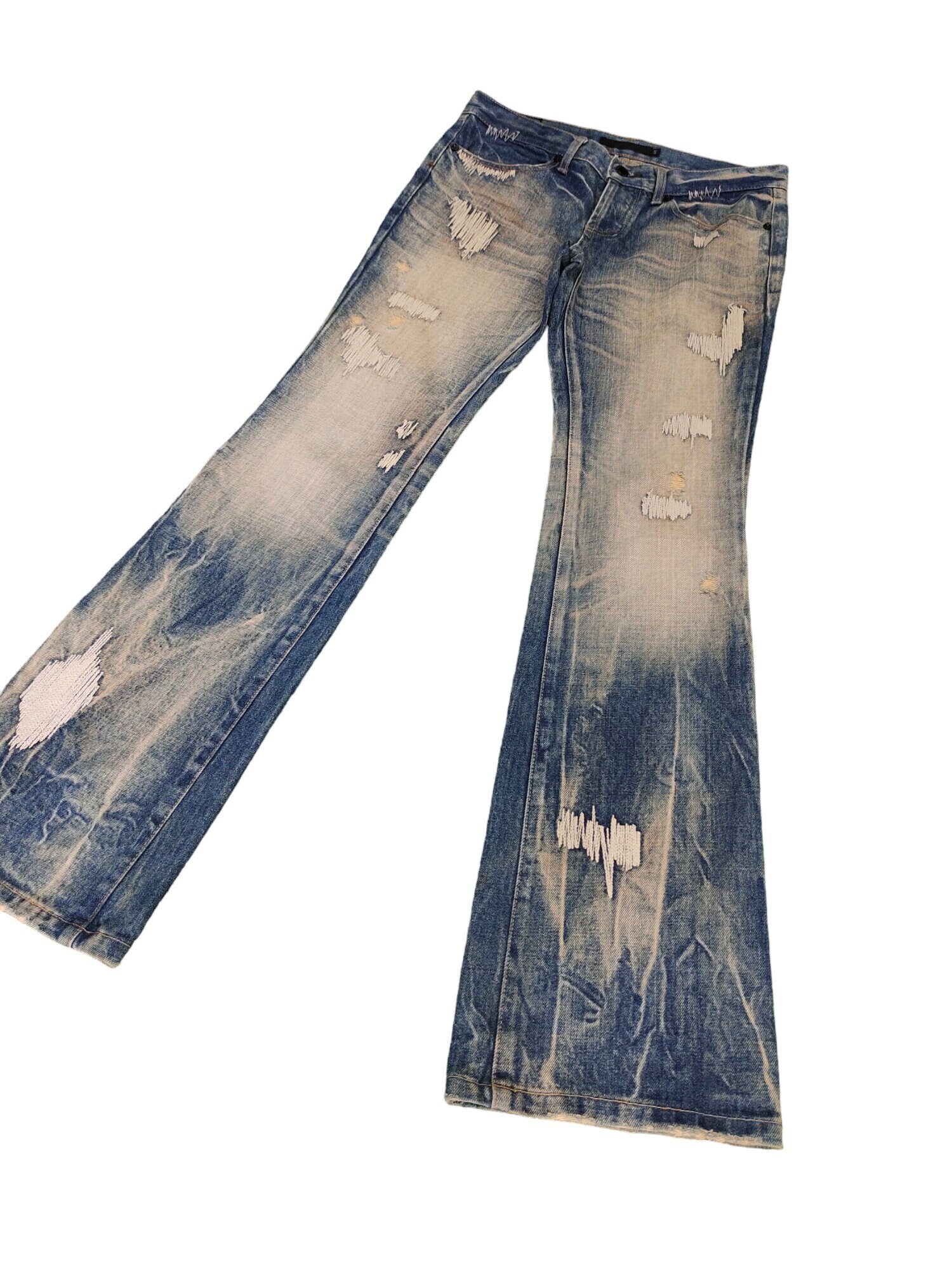 W31x32.5 Flare Jeans Fuga Boro Sew Distress Faded Denim W31x32.5 Flare Jeans Fuga Boro Sew Distress Faded Denim