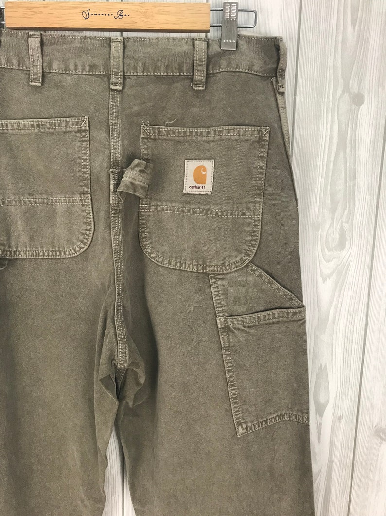 Rare Vintage CARHARTT Olive Green Faded Worker Carpanter Denim Pants waist 30