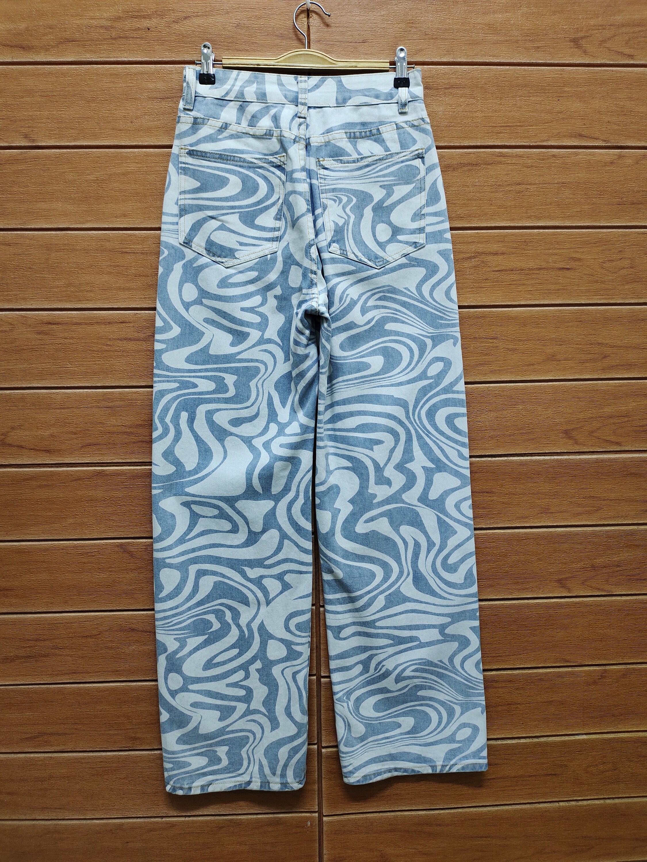 Vintage Seigaiha Wave Denim Pants - Fullprint Japan Motif (w27x31 