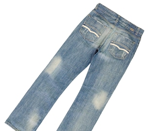 May include: A pair of light blue denim jeans with faded and distressed details. The jeans have a straight leg fit and a classic five-pocket design.