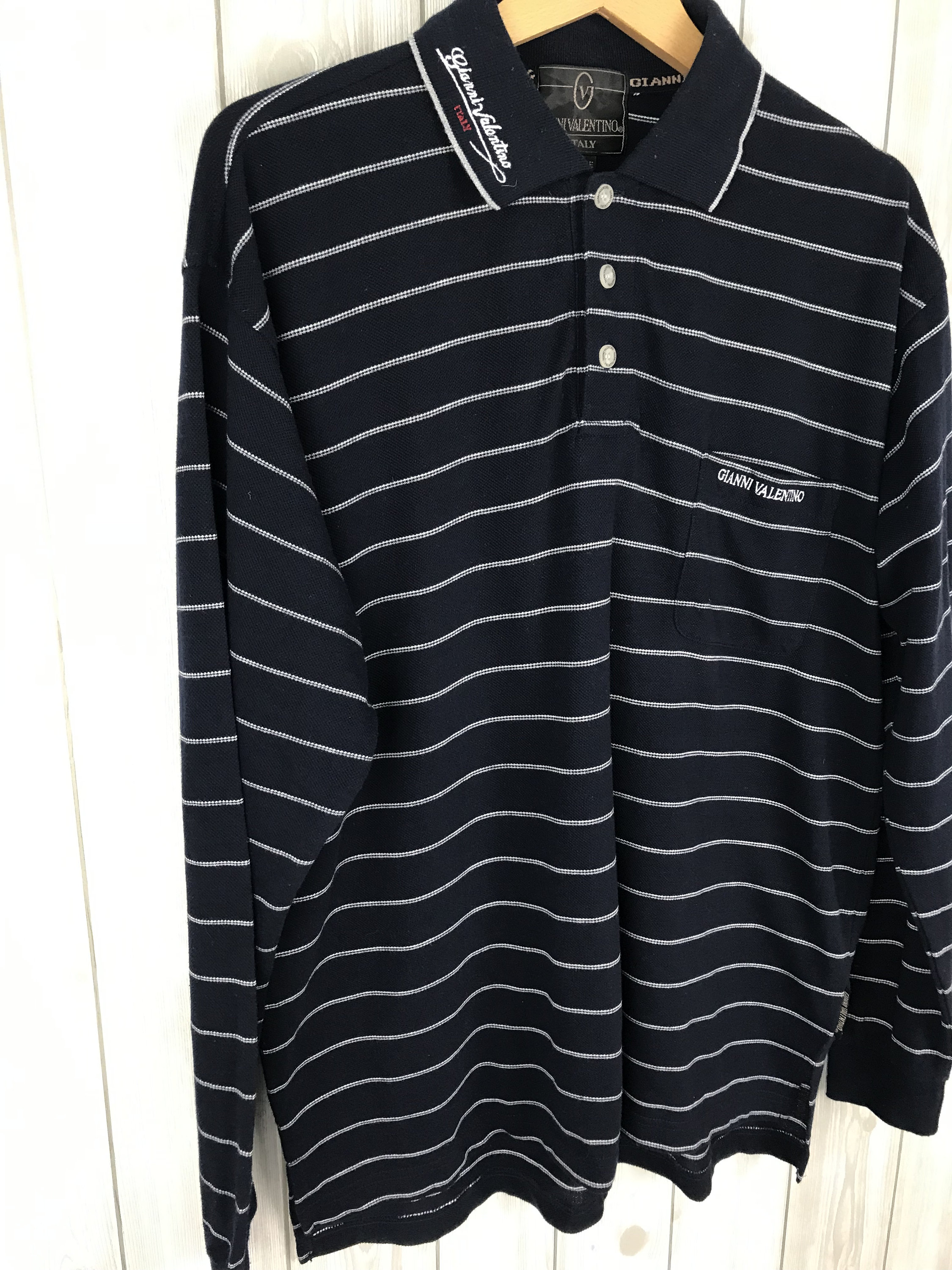 Rare Vintage GIANNI VALENTINO Striped Longsleeve Polo Shirt Large 
