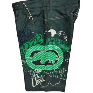 W29x9 Vintage Ecko Unltd Rhino Logo Graffiti Print Baggy Denim Jeans Shorts Streetwear Hip Hop Skate Jnco Dogtown Southpole Pelle Waist 29