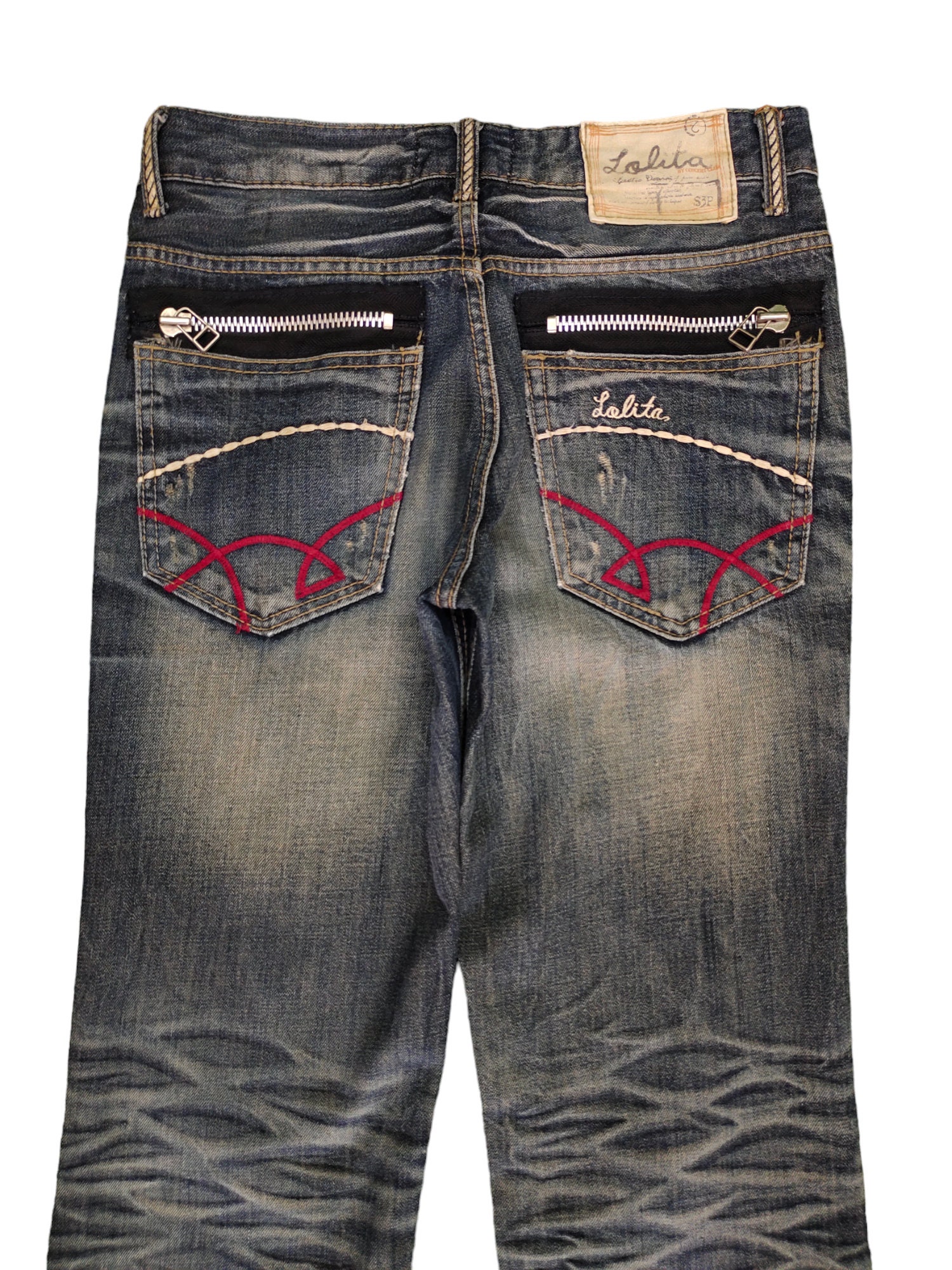 【LOLITA】AUTHENTIC DENIM SIZE29 W29x34 Vintage Y2k Lolita Zipper Pocket Clawmark Faded Denim Jeans