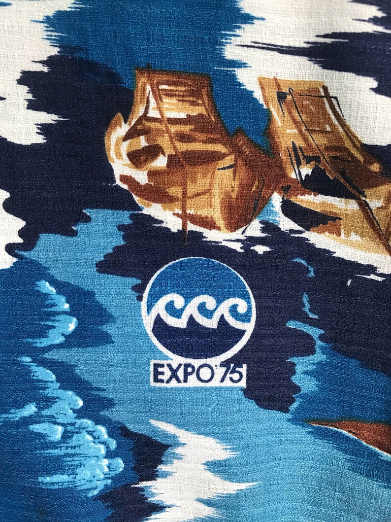 Rare Vintage 70s EXPO 75 Okinawa Japan Barkcloth Hawaiian Camp Aloha Shirt All Over Print Hawaiian Shirt