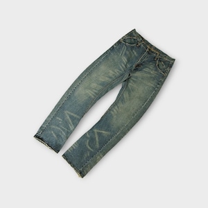 May include: A pair of blue denim jeans with a faded and distressed look. The jeans have a straight leg and a relaxed fit.