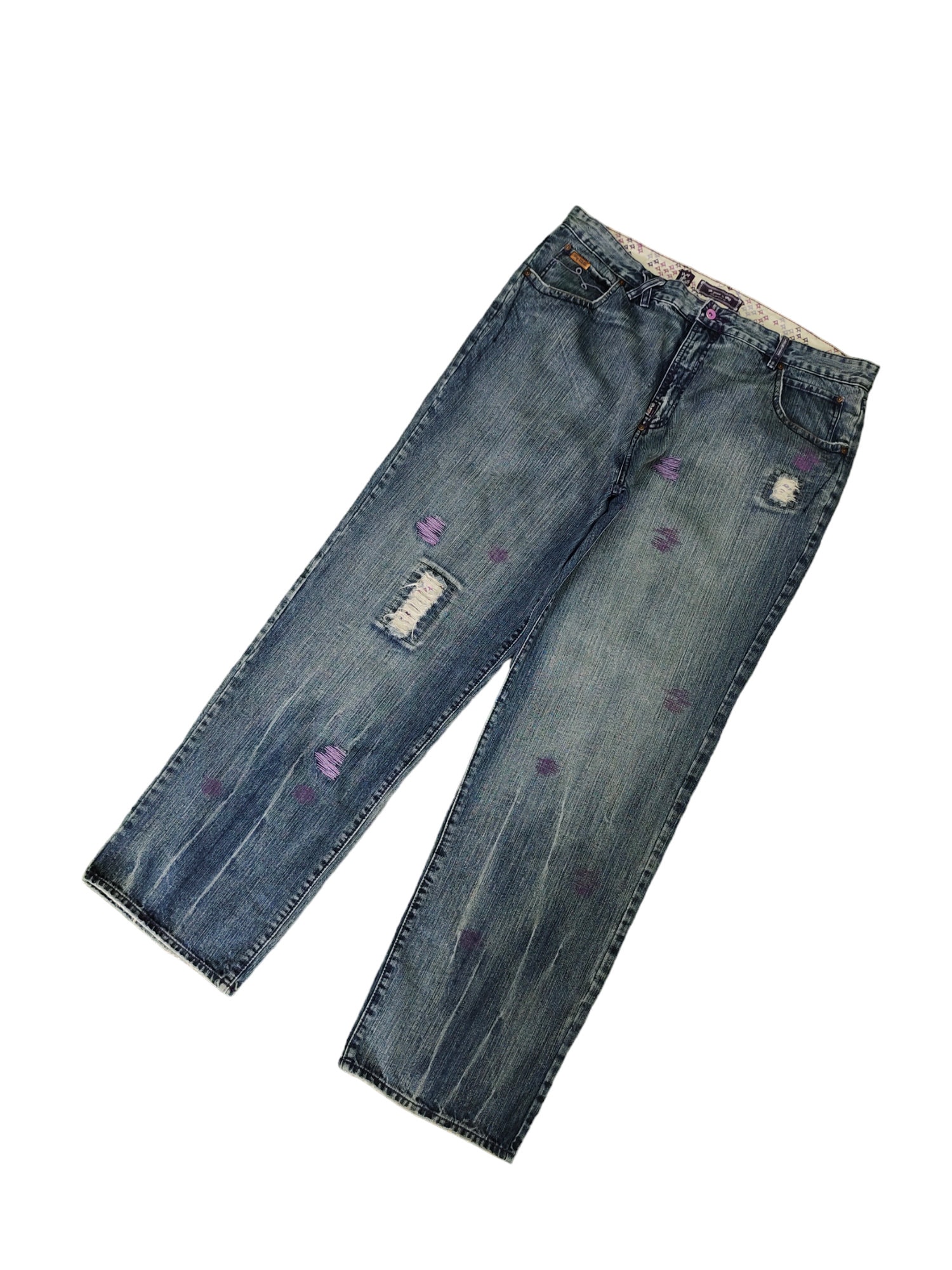 LRG 刺繍入りダメージ加工バギージーンズ - ワイドレッグデニム 