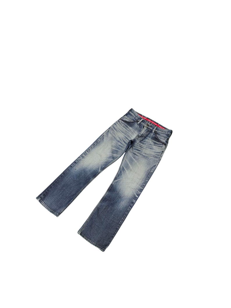 May include: Faded blue denim jeans with a classic five-pocket design. The jeans have a straight leg cut and show signs of wear with lighter patches. The waistband features a red interior lining.