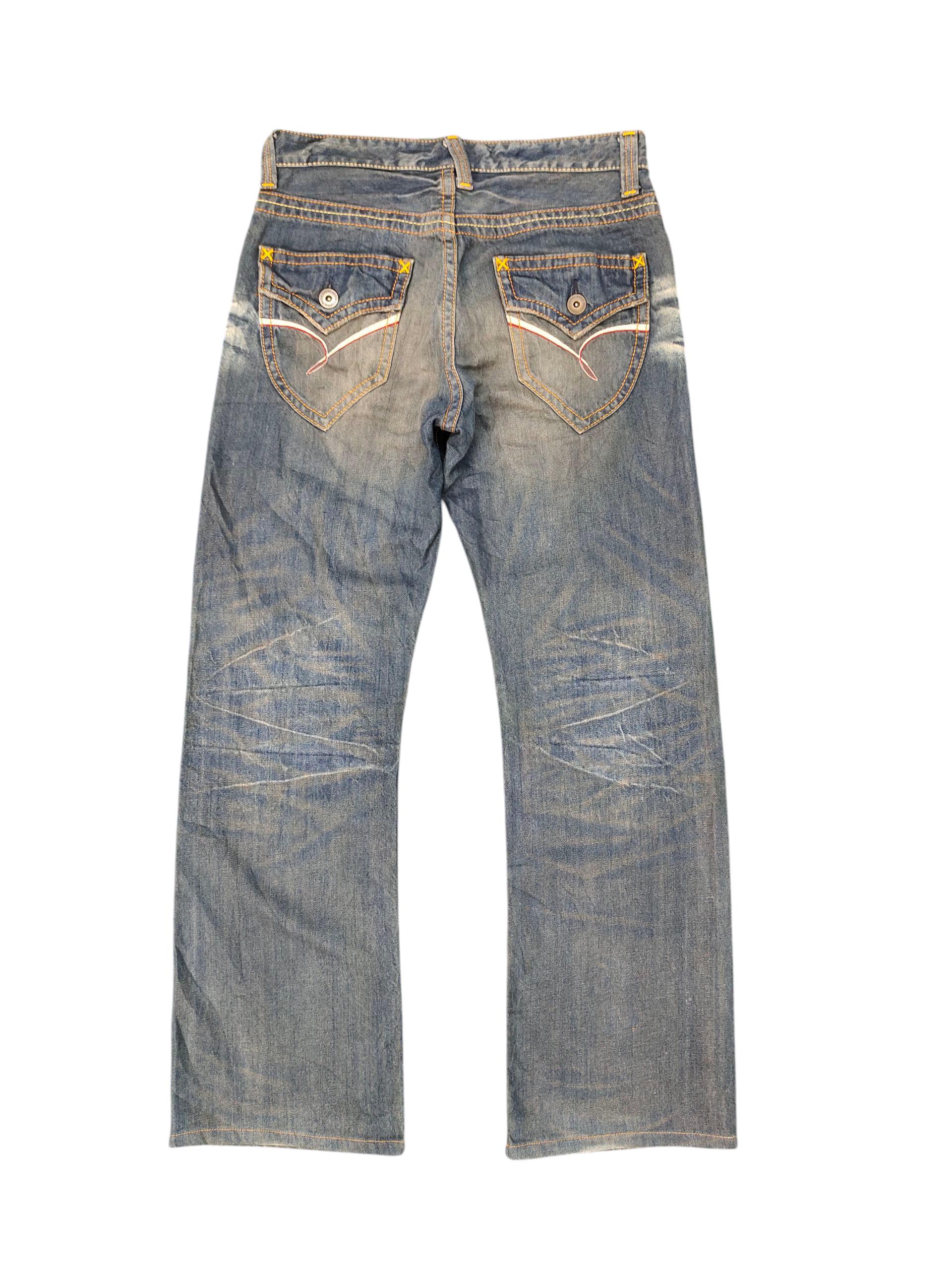 Vintage Faded Denim Jeans: Genoese Waxed Clawmark Distress, Waist
