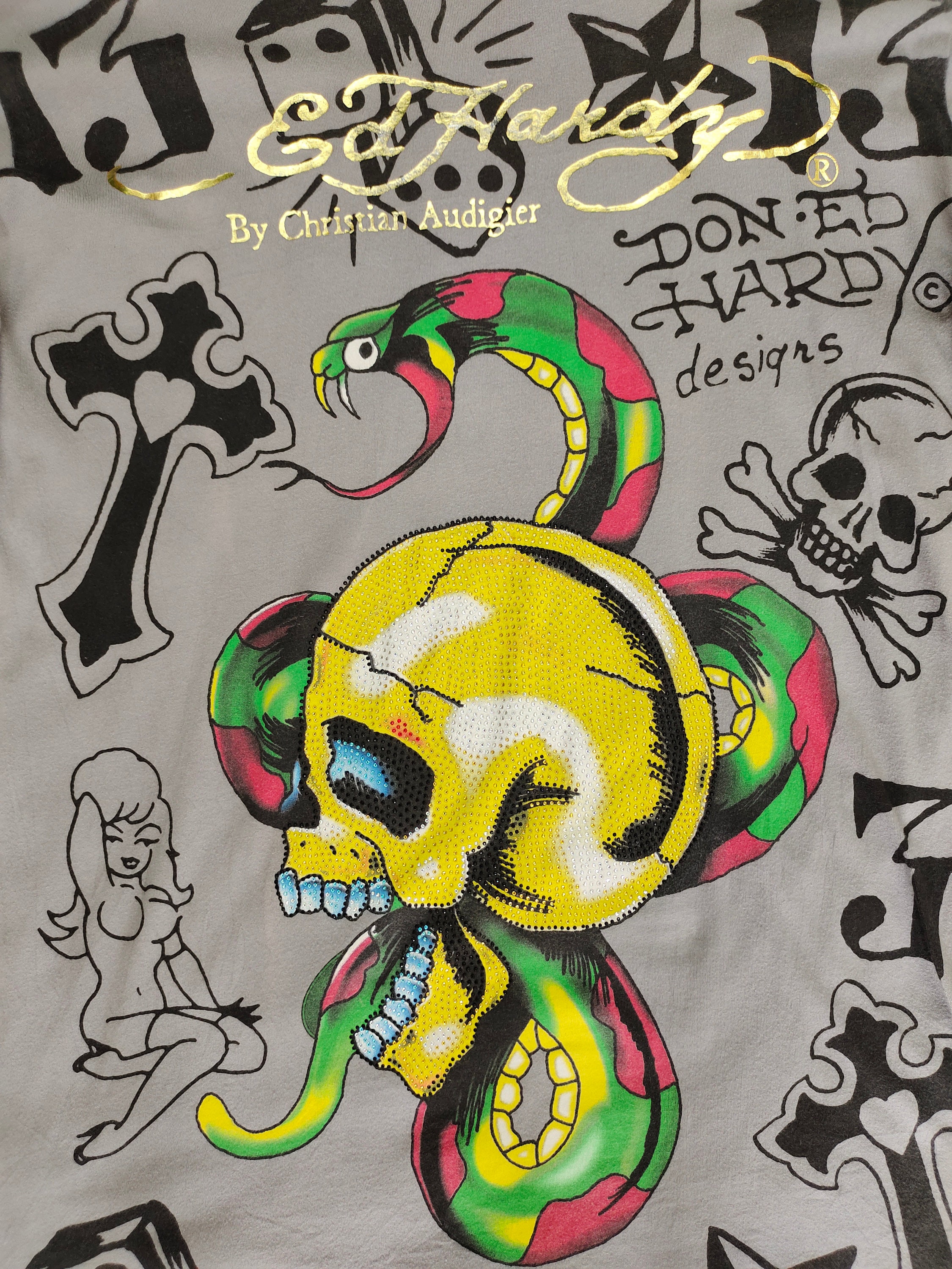 Vintage Ed Hardy Fullprint Longsleeve T-shirt: Skull Tattoo Design