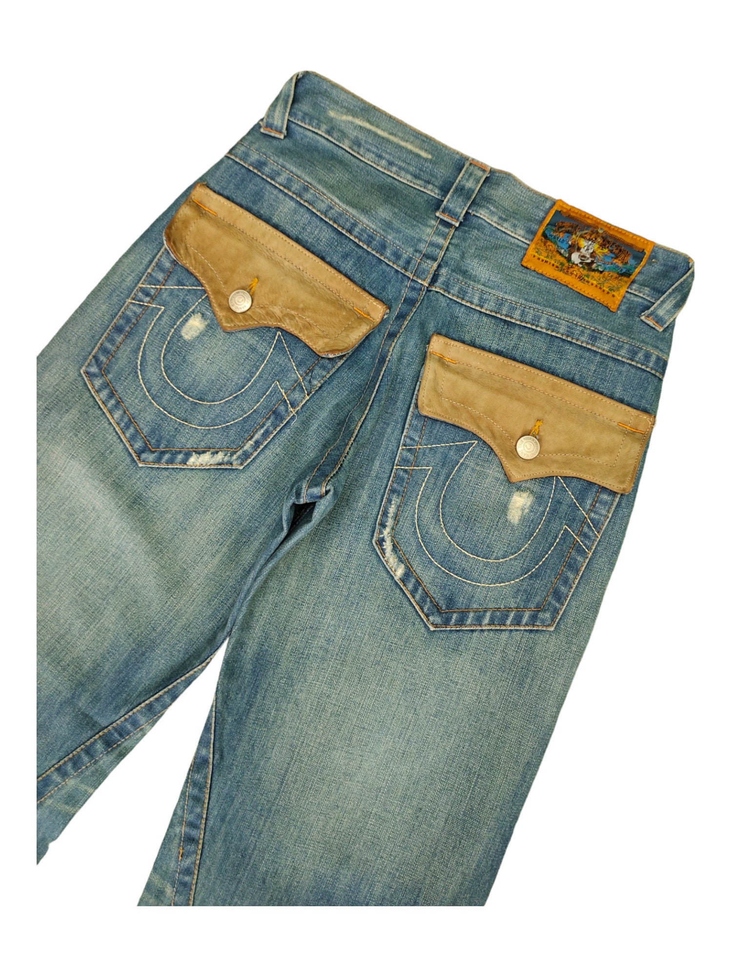 True Religion Flare Jeans: Vintage Y2K Baggy Denim With Leather 