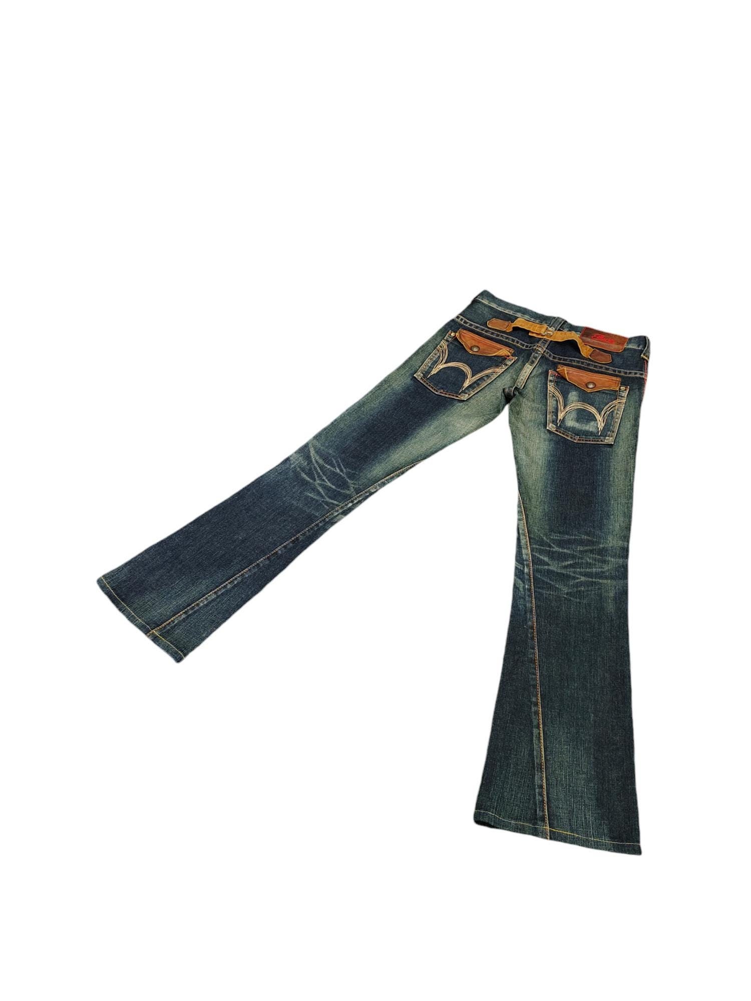 Edwin Blue Trip Flare Jeans - Clawmark Buckle Back Denim - Japan