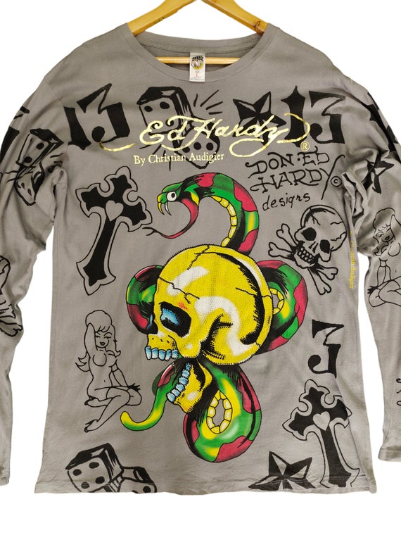 Vintage Ed Hardy Fullprint Longsleeve T-shirt: Skull Tattoo Design