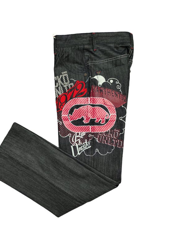 90s ECKO UNLTD デニム JNCO KIKWEAR Y2K Ecko Unltd jeans, shiny, silver, metallic vintage baggy