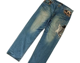 W37x32.5 Vintage Y2k Rovertry Sukajan Koi Embroidered Jeans Karakuri Tamashi Style Waist 37