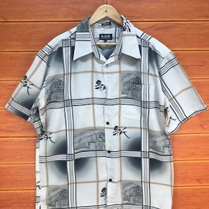 Vintage K.A.D Kanji Japanese Checkered Oversize Hawaiian Shirt / Aloha Wear / Rockabilly Shirt / Surfer Shirt / Beach Party / Size M