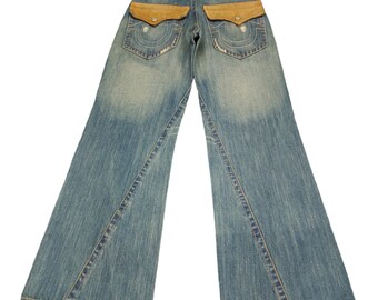 True Religion Flare Jeans: Vintage Y2K Baggy Denim With Leather