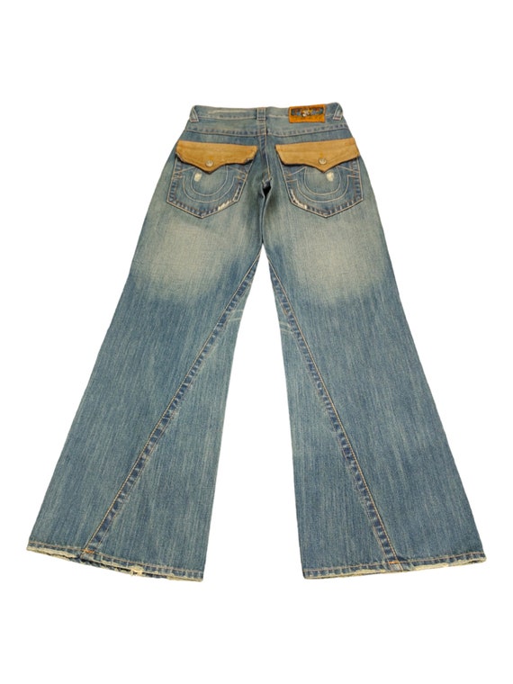 True Religion Flare Jeans: Vintage Y2K Baggy Denim With Leather