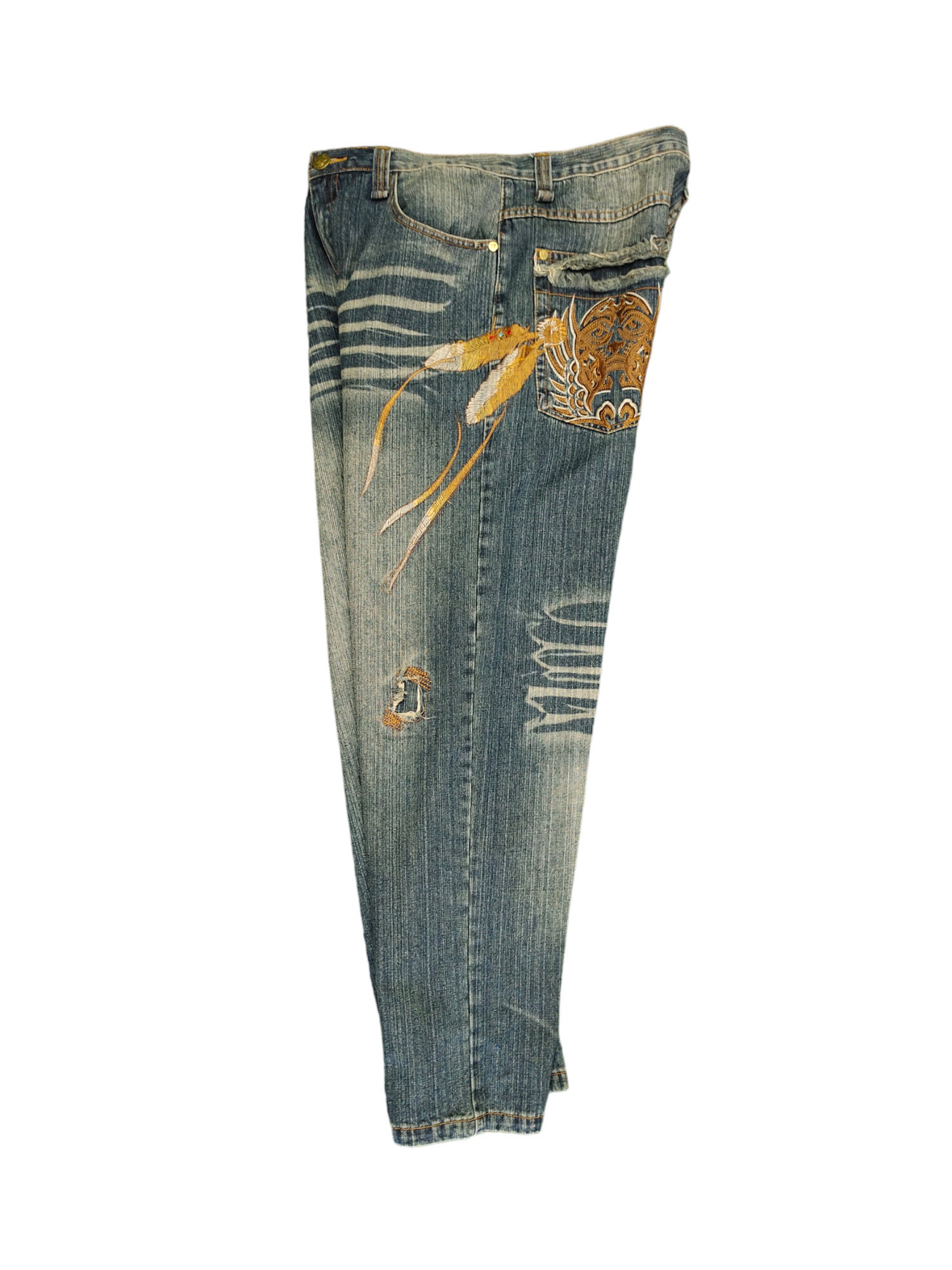 W36x31 Baggy Jeans Miskeen Embroidered Skull Denim Wide Leg W36x31 Baggy Jeans Miskeen Embroidered Skull Denim Wide Leg
