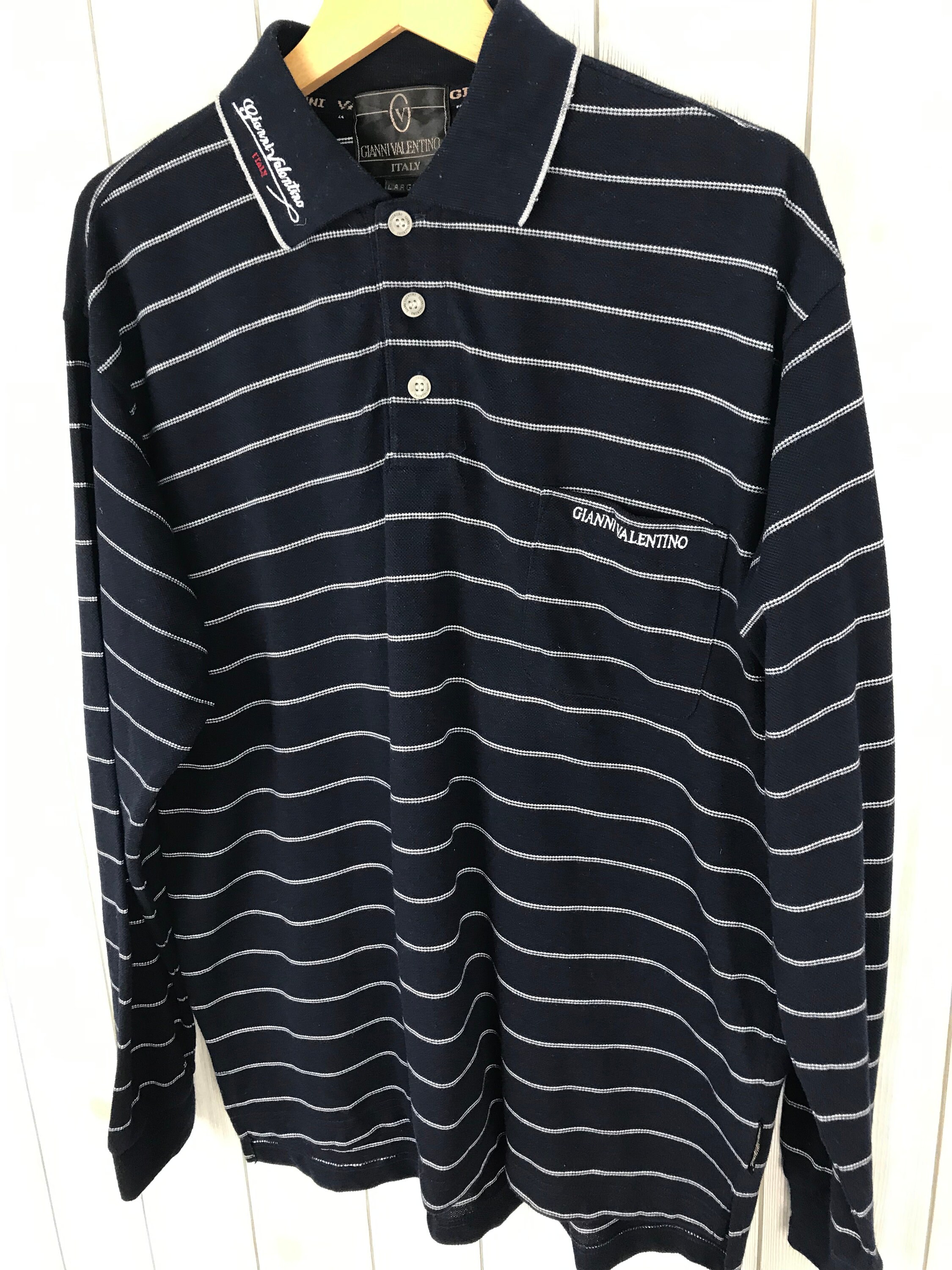 Rare Vintage GIANNI VALENTINO Striped Longsleeve Polo Shirt Large 