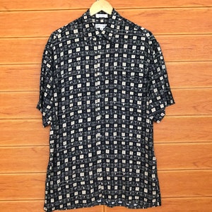 Vintage Geometry Abstract Art Printed Rayon Hawaiian Shirt / Aloha Wear / Rockabilly / Surfing / Tropical / Summer Beach / Size M