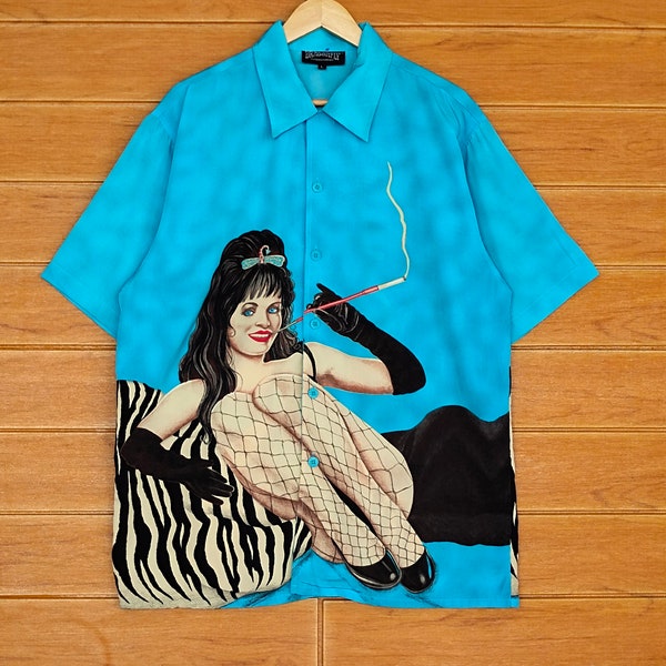 Vintage 90s DRAGONFLY Audrey Hepburn Style Hawaiian Shirt / Aloha Wear Shirt / Rockabilly Shirt / Size L