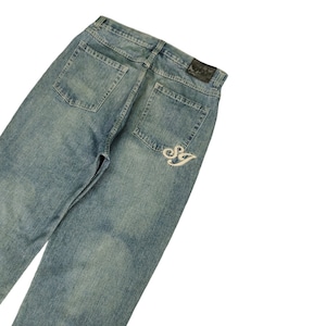 W36x32.5 Baggy Jeans Sean John Embroidered Denim Wide Loose Leg Y2k Vintage Skateboard Jnco Hip Hop Rapper Southpole Fubu Ecko Waist 36