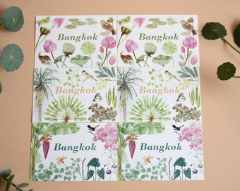 SET of 6 Bangkok botanical garden postcards From original hand painted watercolour Illustrated Art Postcard pack - Physical cards