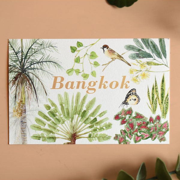 Bangkok postcard garden with bird and butterfly Illustrated Art Postcard From original hand painted watercolour Floral postcard Vacation