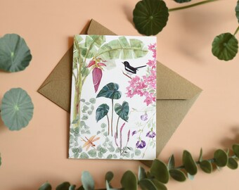 Greeting Card summer Garden wildflowers banana tree and bird From original hand painted watercolour illustrated Physical card