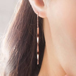 Rose Gold Long Earrings, Curved Bar Earrings, 9K 14K 18K Gold Earrings, Unique Gold Earrings, Twisted Wavy Bars, Special Gift for Her
