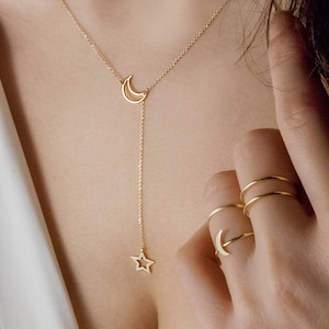 Moon and Star Necklace, Gold Lariat Necklace, Lariat Jewelry, Crescent Moon Charm, Real Gold Necklace, Solid Gold Charm, Star Necklace