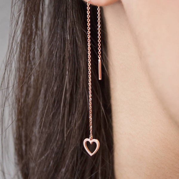 Small Hearts, Romantic Threader Earrings, 9K 14K 18K Solid Gold, Earrings in Yellow White or Rose Gold, Long Chain Threaders, Gift For Her