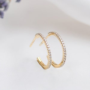 Small Diamond Hoop Earrings, 9K 14K 18K Gold Hoops, Brilliant Cut Diamonds, April Birthstone Jewelry, Dainty Birthday Gift for Her