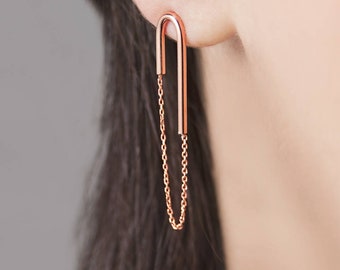 Gold Arch, 9K 14K 18K Gold Earrings, Rose Gold, Long Wire Earrings, Long Dangle Earrings, Solid Rose Gold Chain Earrings, Girlfriend Gift
