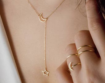 Moon and Star Necklace, Gold Lariat Necklace, Lariat Jewelry, Crescent Moon Charm, Real Gold Necklace, Solid Gold Charm, Star Necklace