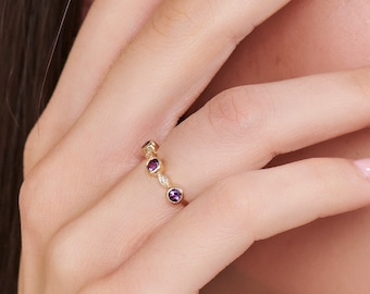 Multiple Gemstones Ring, Amethysts and Diamonds, 9K 14K 18K Gold Ring, Solid Gold Round Band, Natural Stones, Elegant Birthday Gift for Her