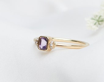 Gold Ring with Amethyst and Tiny Diamonds, 9K 14K 18K Gold Ring, Octagonal Amethyst, February Birthstone, White Round Diamonds, Gift for Her