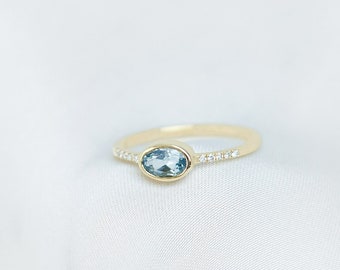 Sky Blue Topaz Ring with Tiny White Diamonds, November Birthstone, Dainty Gift for Her