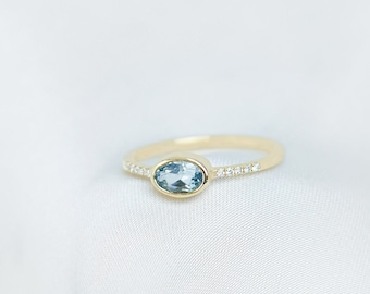 Sky Blue Topaz Ring with Tiny White Diamonds, November Birthstone, Dainty Gift for Her