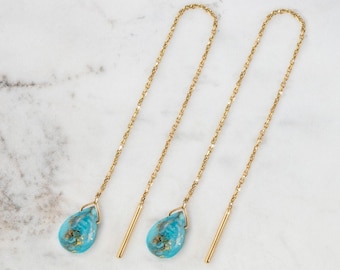 Natural Turquoise Stabilized Birthstone Earrings, 9K 14K 18K Gold Earrings, Yellow Gold, December Birthstone, Turquoise Drop Chain Threaders