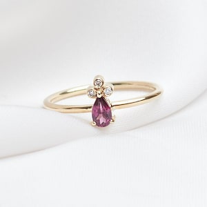 Gold Ring with Rhodolite Garnet and Tiny White Diamonds, 9K 14K 18K Gold Ring, Pear Shaped Rhodolite, January Birthstone, Gift for Her