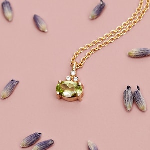 Oval Peridot Pendant Necklace and Tiny White Diamonds, 9K 14K 18K, August Birthstone Charm