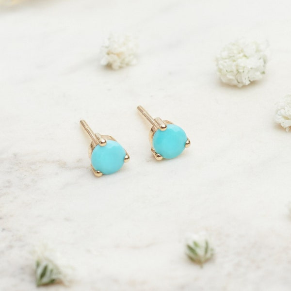 Small Turquoise Studs, 9K 14K 18K Gold Earrings, December Birthstone, Solid Gold Setting, Natural Gemstone Jewelry, Birthday Gift for Her
