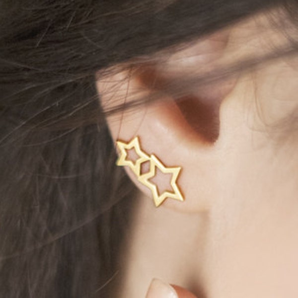 Solid Gold Star Earrings, 9K 14K 18K Yellow Gold Earrings, Double Star Studs, Gift For Her, Celestial Jewelry, Two-Star Frame Earrings