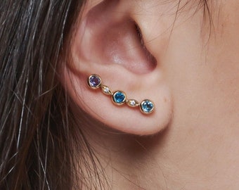 London Blue Topaz, Swiss Blue Topaz, Iolites, Diamonds, 9K 14K 18K Solid Gold Climber Earrings, Natural Gemstone Jewelry, Gift for Woman