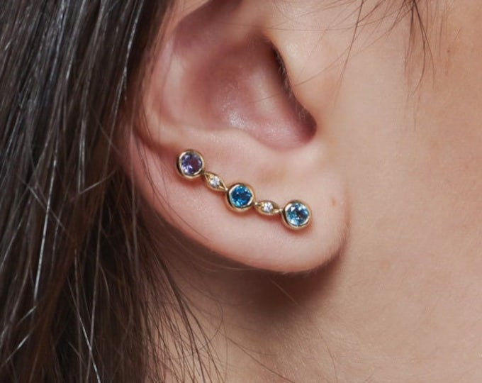 Topaze bleue de Londres, Topaze bleue suisse, Iolites, Diamants, Boucles d’oreilles Climber en or massif 9K 14K 18K, Bijoux en pierres précieuses naturelles, Cadeau pour femme